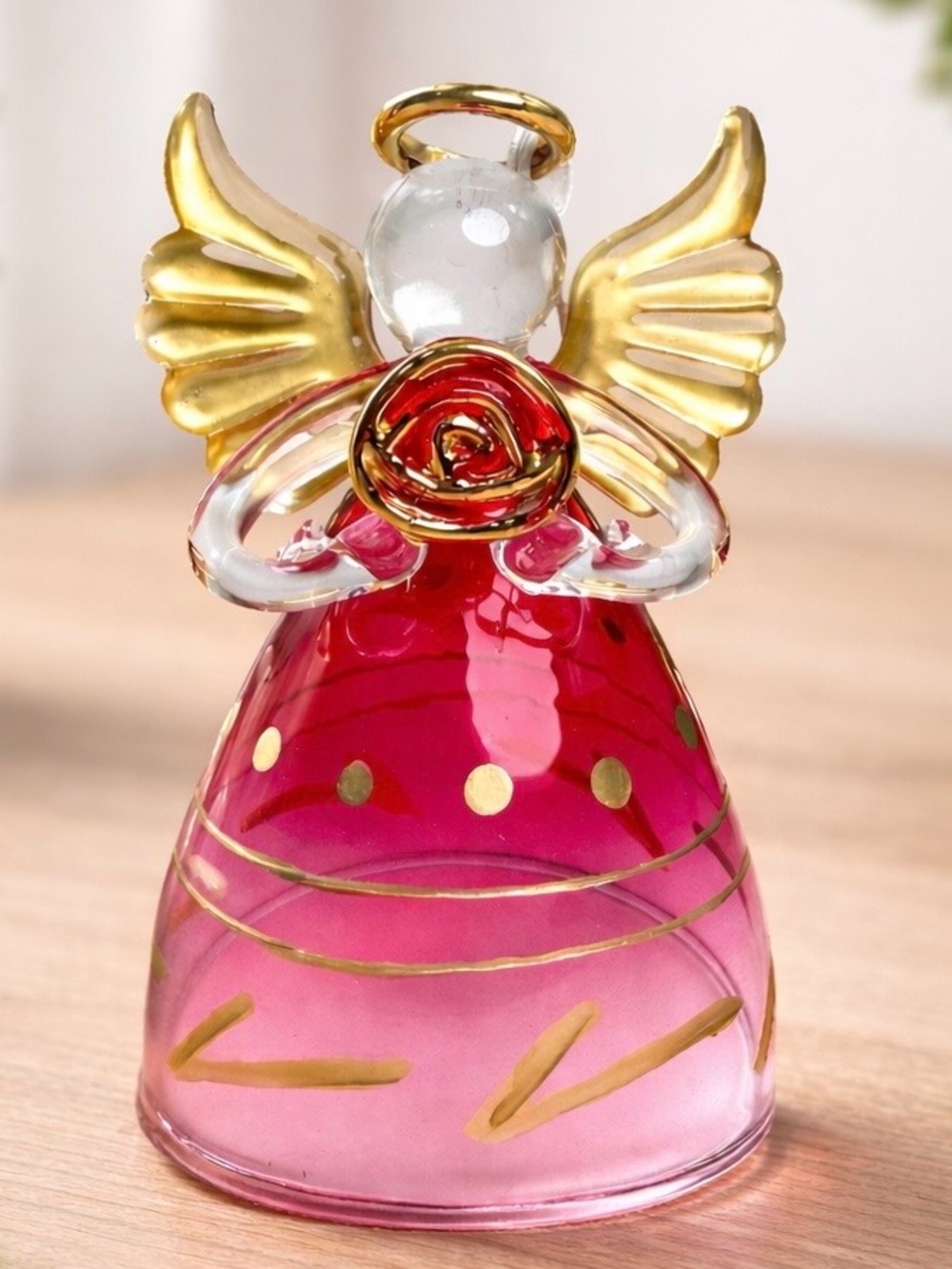 Glass Angel Figurine Pink Gold Wings Rose 4” Decor Gift